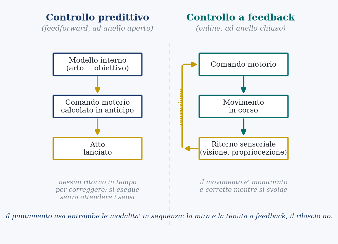 Figura 2. I due modi di controllare un gesto. A sinistra il controllo predittivo: il comando è calcolato prima e lanciato, senza tempo per correggere. A destra il controllo a feedback: il movimento è sorvegliato e corretto mentre si svolge. La mira e la tenuta li usano in sequenza; il rilascio, come si vedrà, no. Schema originale a fini didattici.